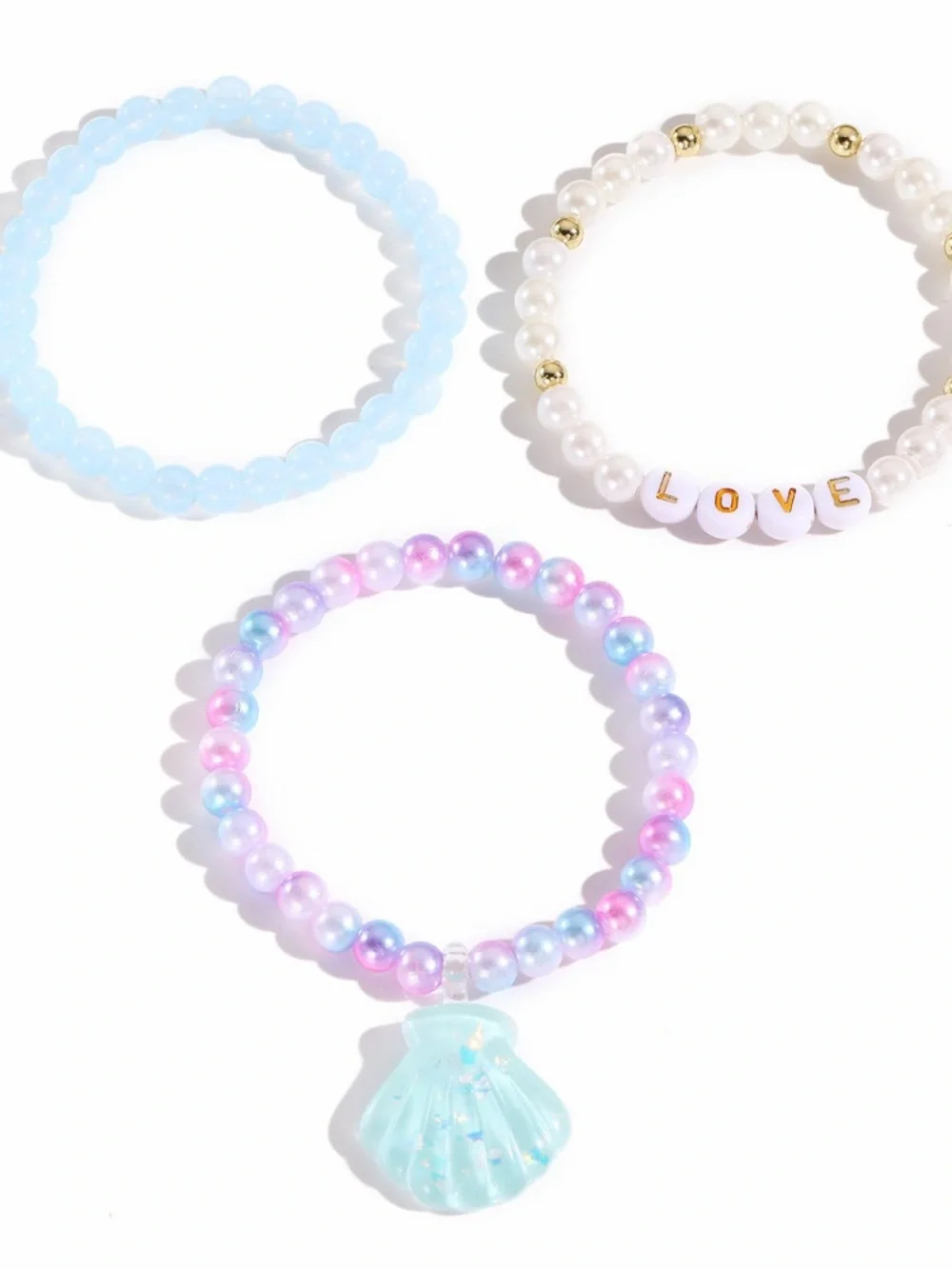 Kids 3-Pack Pastel Pearl & Shell Bead Bracelets - LOVE Charm